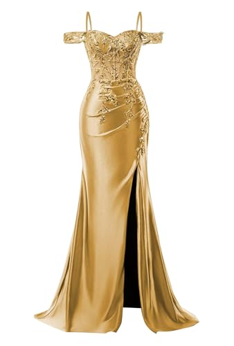 Mermaid Satin Sequin Prom Dresses for Women Corset Lace Applique Off Shoulder Formal Evening Gown with Slit4