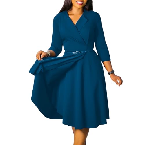 Image of Elainone Women 3 /4 Sleeve Casual Swing Flared A Line Dress Wedding Guest Semi Formal Office Work Dresses with Belt