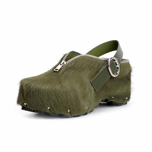 Image of XOBZJH Women's Natural Cow Print Fur Platform Clogs with Decorative Zipper & Adjustable Buckle Strap - Western Slip-On Punk Rivet Mules with Arch Support, Chunky Retro Rustic Style