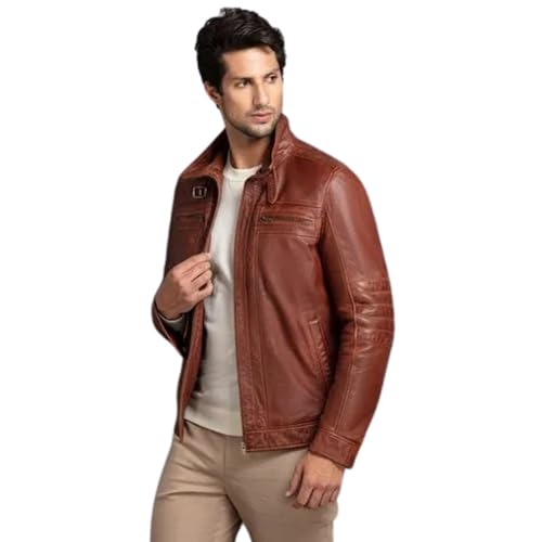 Image of Men's Genuine Leather Jacket for Men Women Stylish Casual Biker Jacket Premium Soft Leather Regular Fit Zip Closure Winter Fashion Outerwear for Travel Party Office Riding (S - XXl)