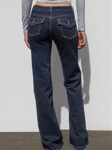 Women Y2k Low Waist Jeans Vintage Slim Fit Straight Flare Leg Bootcut Jeans Blokette Casual Solid Color Denim Pants4