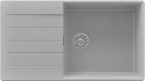 PRIMAGRAN Evier Cuisine en Granit Gris 90x50cm, Lavabo 1 bac + Kit de Vidage, Évier à Encastrer au Meuble 60cm - Copenhague Top S662