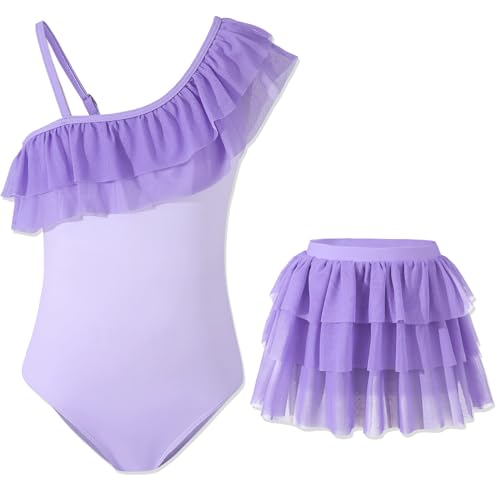 Image of Mikrdoo Girls One Shoulder Ruffle Bathing Suit Beach Outfits One Piece Swimsuit with Skirt