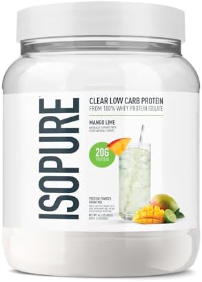 Isopure Clear Whey Isolate Protein Powder, Lactose Free, Gluten Free, Naturally Flavored, Mango Lime, 20g Protein Per Serving, 14.1 Oz, 16 Servings (Packaging May Vary)