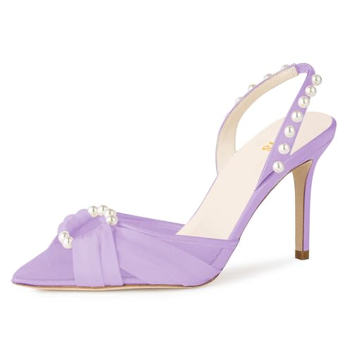 FYS Women's Pointed Toe Pearl Pumps Stiletto High Heel Slingbacks Open Back Studs Elegant Wedding Prom Shoes Size 4-16 US