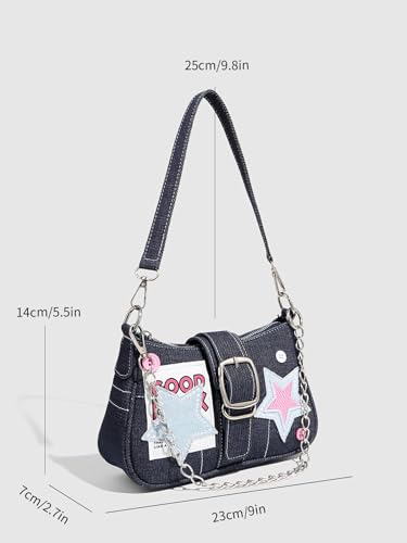 Image of Cute Y2k Purse for Women, Star Embroidery Pattern with Chain Strap Shoulder Bag, Goth Style Cute Mini Purse