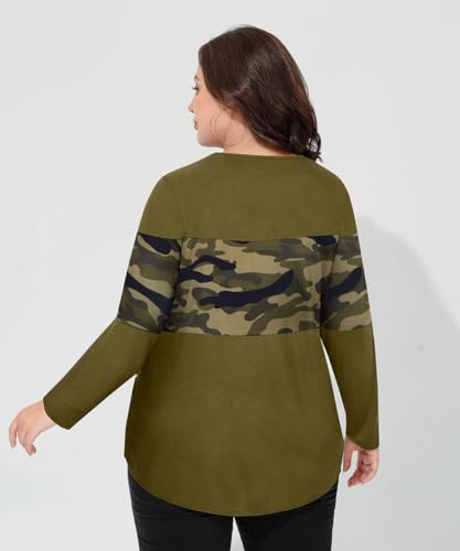 Image of CARCOS Plus Size Tops for Women Color Block Flower /Striped /Camo Crew Neck Long Sleeve Tee Shirt