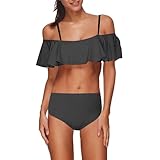 Yxzogd Women's Off The Shoulder Swimsuit Flowy Ruffle Bikini Top with High Waist Bottom Two Piece Bathing Beach Swimwear Black