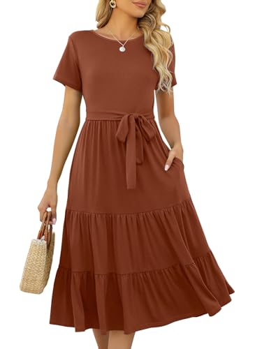 Image of Lyrur Women's Dresses Casual Summer Tiered Midi Dress Short Sleeve Belted Ruffle Babydoll Boho Sundress with Pockets