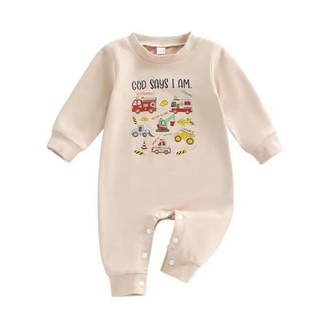 Xnqiwq Newborn Baby Boy Romper God Says I am Onesie Dinosaur Construction Jumpsuit Infant Fall Christian Clothes (Beige, 12-18 Months) Cover
