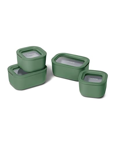 Caraway Mini Food Storage 9pc Set - Glass Storage Containers for Food - Non-Toxic Ceramic-Coated Glass - Air Release Technology - Compact & Stackable Design - Sage