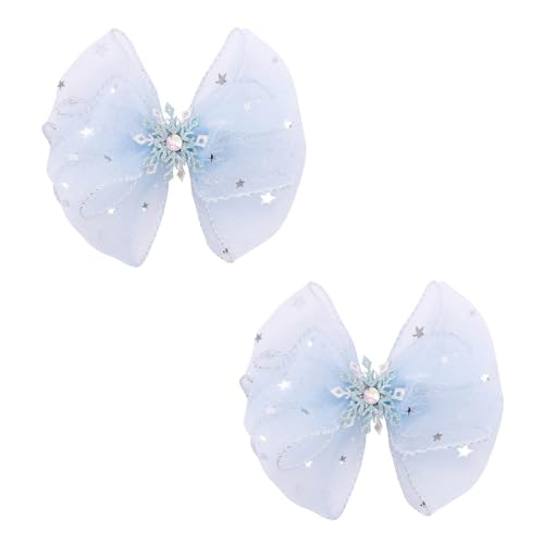 5 Ice Princess Style Hair Bows for Girls Airy Tulle-Like Ribbon Clips with Glitter Snowflake Center Sparkling Bows for Flower Girl Birthday Halloween Christmas-Sky Blue