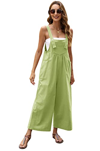Qibabu Womens Bib Cotton Overalls Baggy Fashion Sleeveless Wide Leg Jumpsuits Casual Summer Strap Long Rompers With Pockets(1666-Lime-Xl-Qb) #TOP8