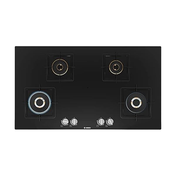 Bosch Built in Gas Hob Black Tempered glass Glass 4 Burner Auto Ignition 90 cm True Brass 2D Ring Burners with Glossy Black Heat Shields & Enameld pan supports (PNF9B6F10I)