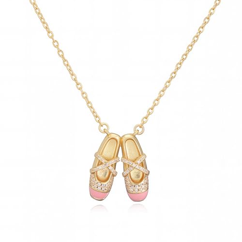 Cute CZ Ballet Shoes Choker Necklace for Women 14k Gold Plated Dainty Crystal Cubic Zirconia Enamel Ballerina Ballet Slipper Pendant Adjustable Chain Necklace Fashion Jewelry for Dance Lover (Pink)
