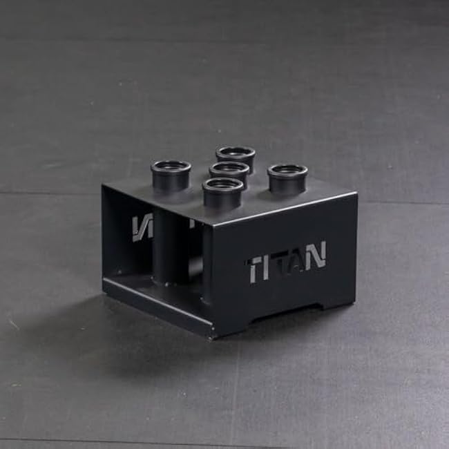 Titan Fitness 5 Barbell Holder, Vertical Olympic Sized Bar Rack, 12 x 12 Compact Floor Unit, Nylon Inserts Protect Sleeves, Organize and Save Space in Home Garage Gym