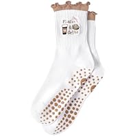Cute Pilates Grip Socks for Women Ruffle Frilly Yoga Socks Non Slip Cotton Crew Grippy Sock for Barre Workout (CA/US, Alpha, One Size, Regular, Regular, 1 Pack-Brown)