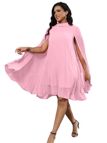 Image of Women's Casual Cape Sleeve Pleated Split Short Dress Loose Fit Cocktail Party Flowy Dress