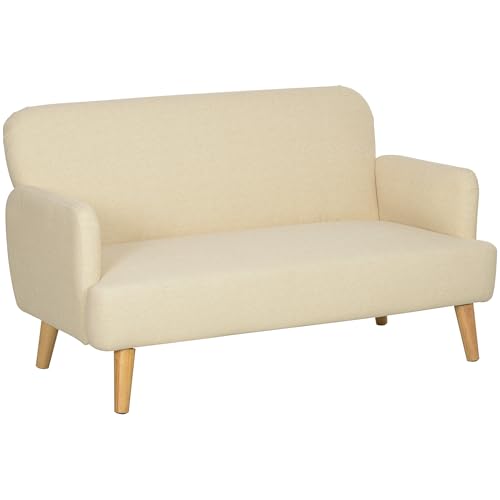 HOMCOM Divano 2 Posti Moderno Scandinavo in Tessuto con Braccioli, Divanetto 2 Posti con Imbottitura di 21 cm Gambe in Legno per Soggiorno, Salotto, Casa e Ufficio, 140x74x79 cm, Bianco Crema
