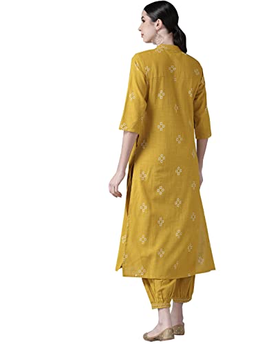 Image of ishin Women's Cotton Mustard Yellow Embroidered A-Line Kurta set With Salwar
