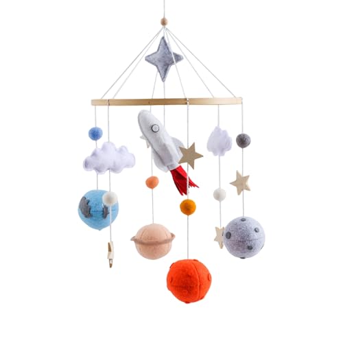 Raketen Mobile Baby mit Planeten Filzbällen, Wolke Filz Mobile Babybett Windspiele, Hängende Mobile Windspiel Spielzeug für Babybett, Neugeborenen Geschenk