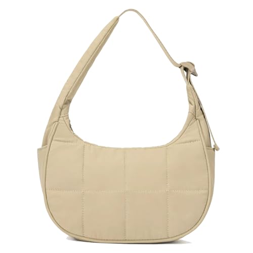 Image of Small Puffer Bag, Crescent Shoulder Bag for Women,Nylon Quilted Tote Handbags with Adjustable Strap (Khaki)