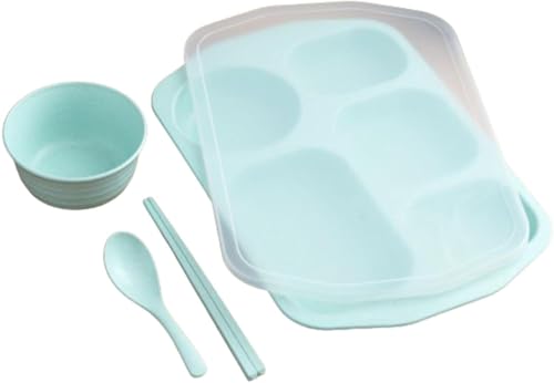 Riazdiw ランチ 部分プラッタ 深め 5つ仕切り 小麦プレート 分割ディナー カフェ食器 業務用 業務用 仕切り皿 バランスのとれた食事大人のための子供 食洗機対応 お手入れが簡単 ふたがある (グリーン,皿+箸+スプーン+ボウル+蓋)