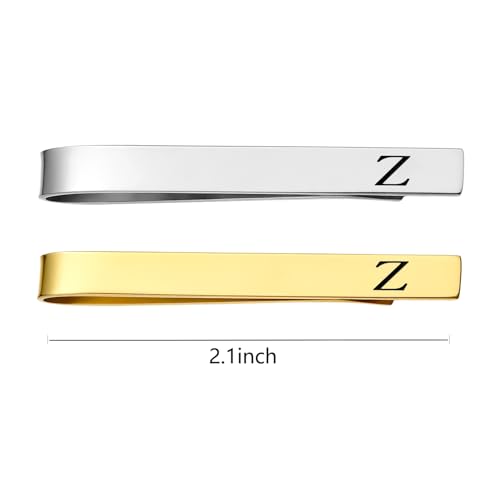 Image of GWD Stainless Steel Tie Clips for Men Personalized Initial Tie Bar Set | 2 Pcs Classic Letter Tie Clips for Men, Silver and 14K Gold Plated Tone