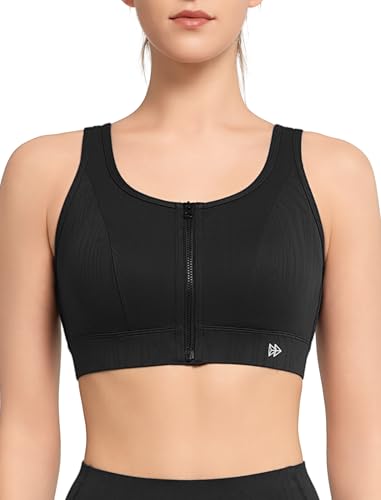 Yvette High Impact Sports Bras for Women Front Zipper Jacquard Plus Size Full Support Molded Cup Sports Bra for Running