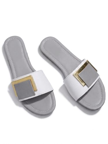 Image of Women's Slide Sandals with Square Gold Buckle, White & Grey