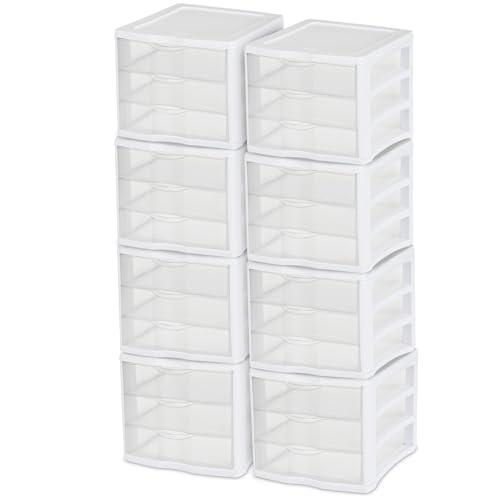 Image of Sterilite 3 Drawer Organizer, Clear Countertop & Desktop Storage, 4 Pack | Organizing Plastic Storage Drawers and Containers for Home, Office, Desk, Clothes, Kitchen, and Pantry