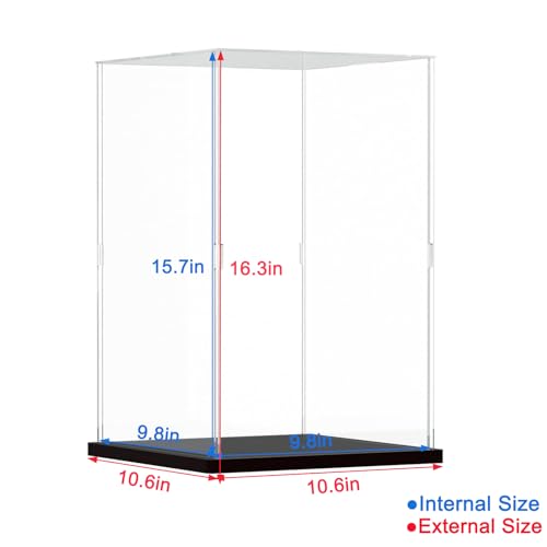Clear Acrylic Display Case for Labubu Popmart The Monsters Fall in Wild Doll for Space Molly 400% for Lego 43230 21347 75308 31141 Transparent Box for Lego Display with Light, Black 9.8x9.8x15.7 inch