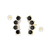 MYEARS Pendientes de tres piedras de oro para mujer, 14 quilates, pequeños, hipoalergénicos, para uso diario, One Size, Latón Metal Oro amarillo, Circonita cúbica