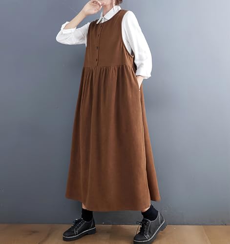 chouyatou Women's Cute Sleeveless Corduroy Overall Dress Jumper Midi Babydoll Tank Dress with Pockets2