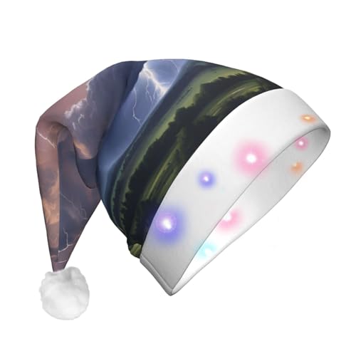 DUWAA Sombrero de Navidad iluminado con estampado de paisaje de trueno, gorro de Papá Noel iluminado con tira de luz LED colorida para adultos