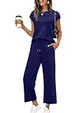 WIHOLL Business Casual Outfits for Women Summer Cruise Resort Wear 2025 2 Piece Comfy Travel Set Womens Clothing Cozy Lounge Sets Conjuntos De 2 Piezas Para Mujer Navy Blue XL