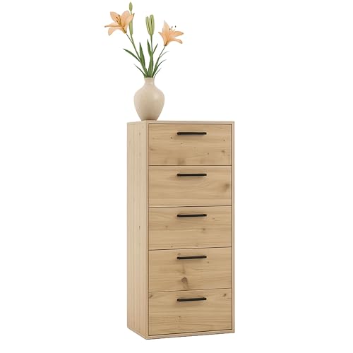 Miroytengo Sinfonier, Mueble Almacenaje Dormitorio ROSI 5 cajones, Tiradores Color Negro Melamina Roble Artesano 40x99x35 cm