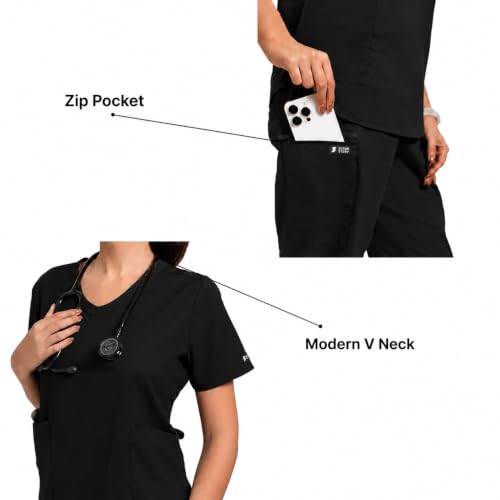 Image of Lite V-Neck 6-Pocket Women's Cotton ScrubSuit | Moisture-Wicking, Anti-Stain & Odor Protection | Classic Fit Top & Pant | All-Day Comfort for Doctors & Students Kohl Black (L)