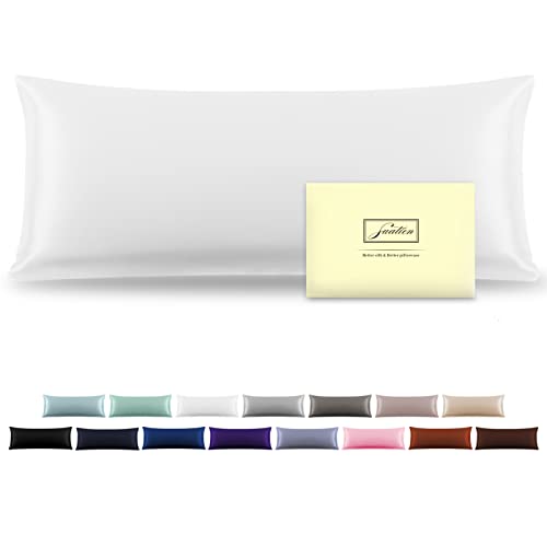 Silk Body Pillowcase Mulberry Silk Pillow Cases with Zipper Soft Breathable Smooth Cooling 20x54 inches Pillowcase for Sleep (White,20"X 54",1Pcs)