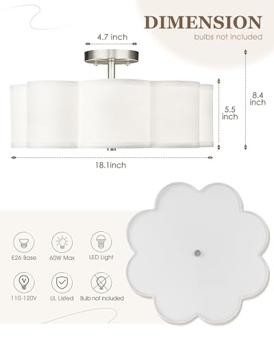 Image of Semi Flush Mount Ceiling Lights, 4-Light 18 inch Ceiling Light Fixtures with Fabric Shade in Flower Shape, Brushed Nickel Farmhouse Drum Lighting for Nursery Bedroom Kitchen, AD-22009-4SF-SN