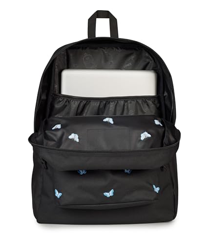 Image of JanSport Superbreak Plus FX Backpack - Work, Travel, or Laptop Bag with Water Bottle Pocket, Superbreak Plus Fx, Tiny Butterflies Black /Md Blu /Lt Blu