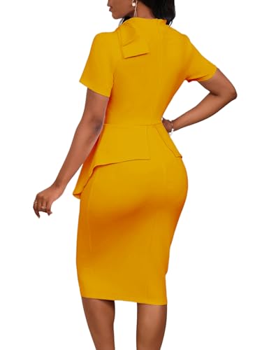 Image of WanMem Women Formal Bodycon Peplum Cocktail Dress Short Sleeve Bow Ruffle Pencil Party Midi Dresses