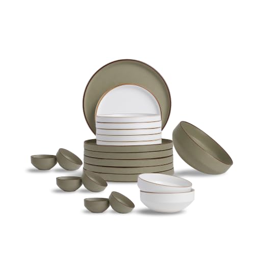 Image of Shay Modern Ceramic Dinner Set, 21 Pcs, Olive Green & White | Crockery Set for Gifting & Dining| Premium Ceramic Dinner Set | Matte Finish (Japandi Dinner Set - Olive Green & White, 21 Piece)