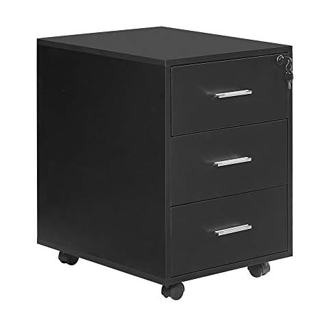 HomeSailing Office Lockable Unit Storage Cabinet 3 Drawers Black with Mobile Caster Wood Under Desk Pedestal Side File Document Organizer Drawers Cabinet Small Space Cover