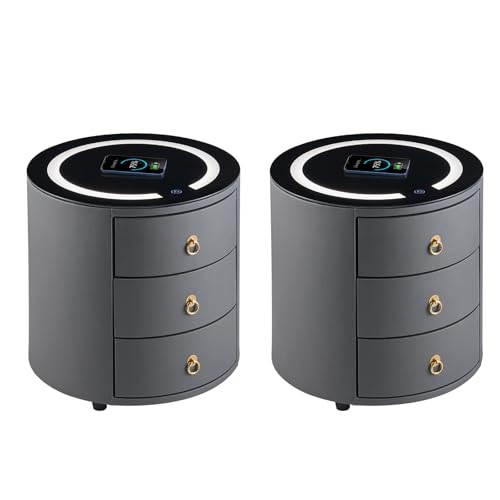 CLIPOP Lot de 2 tables de chevet rondes avec station de charge sans fil et lumière LED, table d'appoint intelligente, en cuir synthétique, avec 3 tiroirs et...