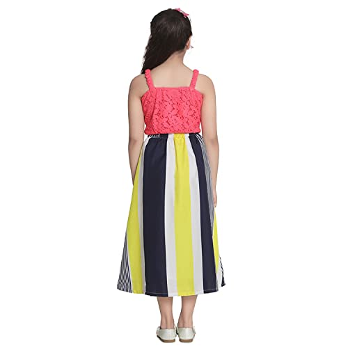 Image of LILPICKS Girls' Polyester Net Knot Top with Striped Maxi Skirt Set (Neon Pink and Multicolor)