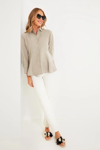 Cicy Bell Women's Button Down Shirts Collared V Neck Long Sleeve Peplum Tiered Blouse Tops4