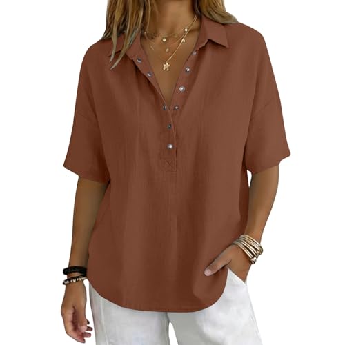 Haut Femme Chic et Elegant en Coton Col V Boutonné Demi-Manches Couleur Unie Ample Fluide Vetement Ete Voyage Quotidien Tunique Grande Taille Blouse Chemisier...