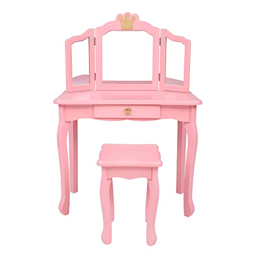 Image of Vanity Set,ShyneeMakeup Dressing Vanity Set Wooden Princess Makeup Table with Cushioned Stool,Drawer,Wooden Legs and Mirror, Make Up Dressing Play Set for Girls (Pink Crown)