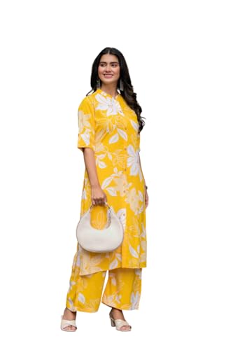 Image of Women's Floral Print Rayon Kurta Palazzo, Round Neck Half Sleeve, Regular Fit, Ethnic Casual Wear